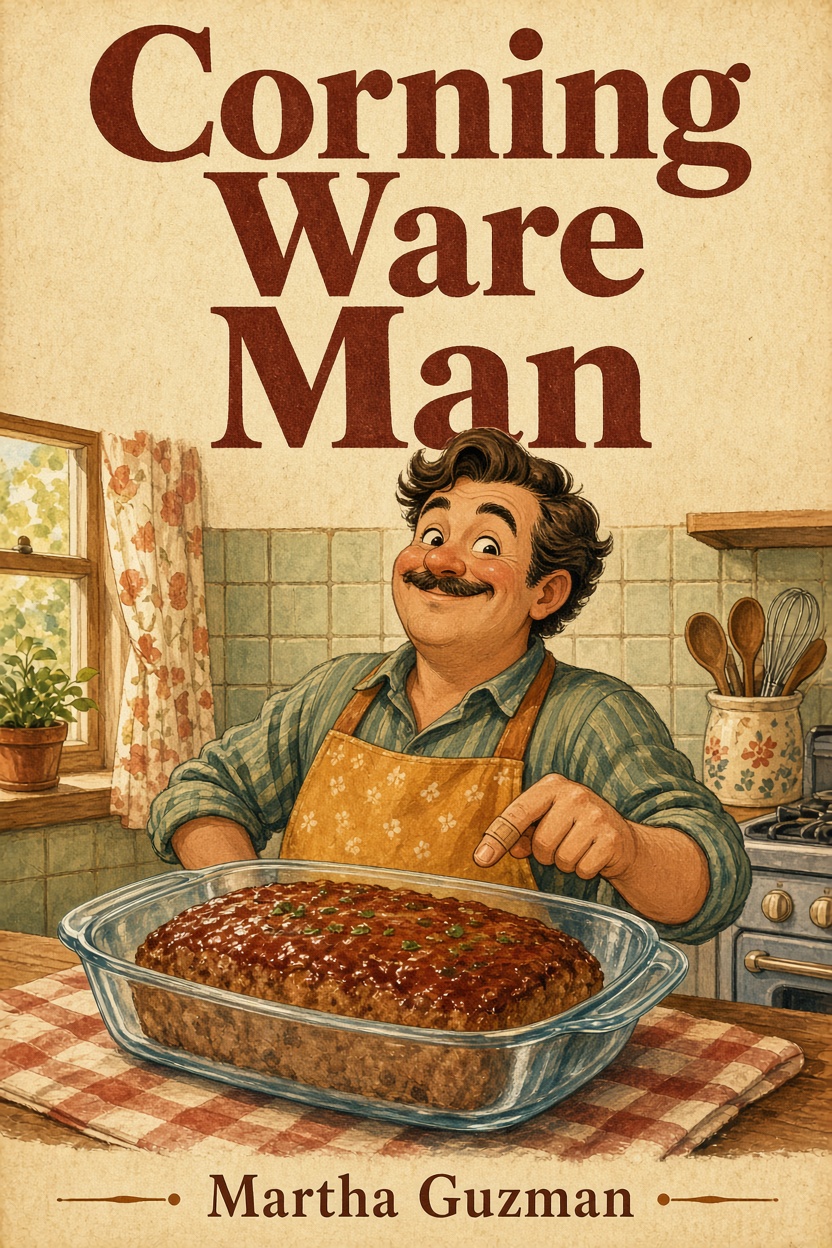 Illustrated book cover for Corning Ware Man by Martha Guzman.