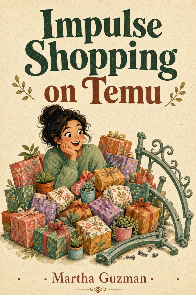 Illustrated book cover for Impulse Shopping on Temu by Martha Guzman.