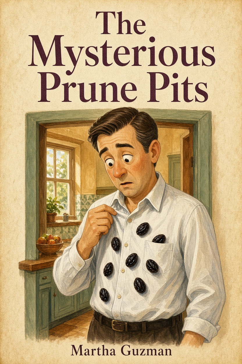 Illustrated book cover for The Mysterious Prune Pits by Martha Guzman.