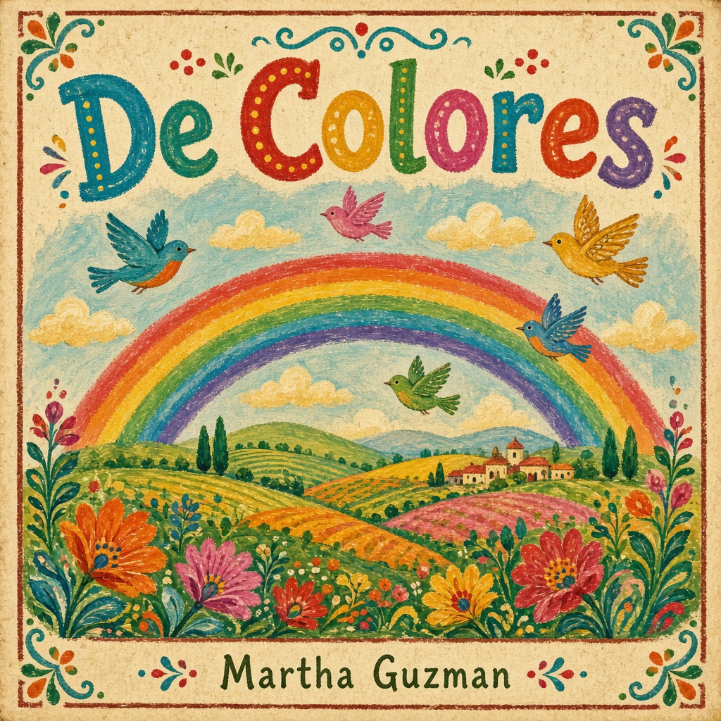 Illustrated album cover for De Colores by Martha Guzman: a rainbow, birds, and spring fields.